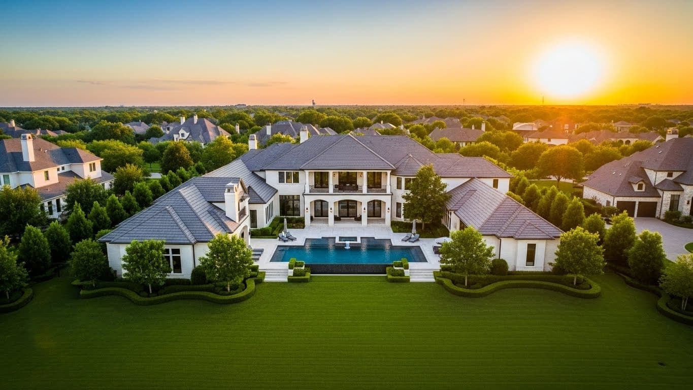 Aerial real estate photograph of a luxury Greater Houston estate and pool at sunset