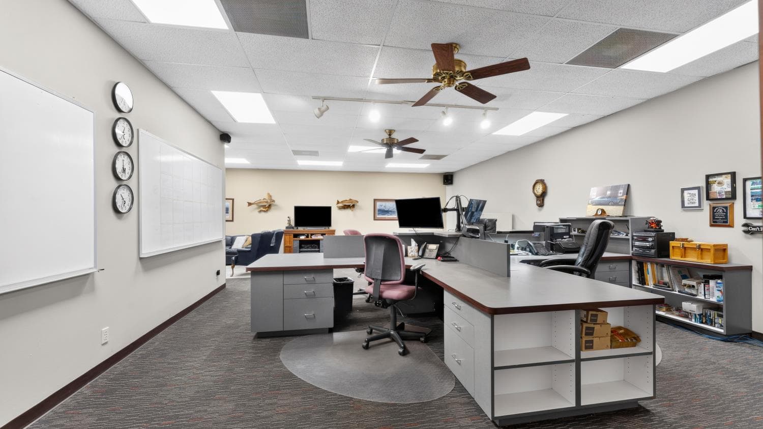 Shared commercial workspace photographed for the Houston office property.