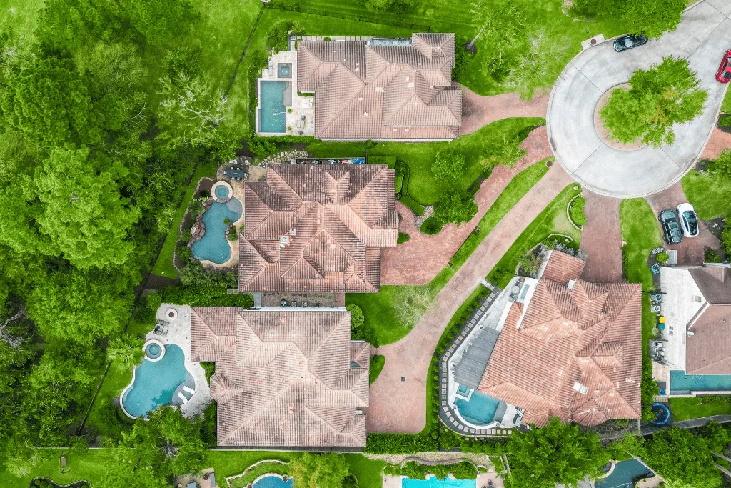 Aerial drone view of an upscale Cypress neighborhood