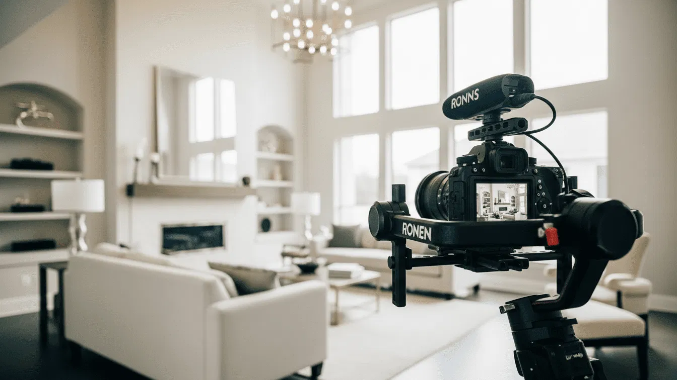 A team member filming a living room walkthrough with a professional gimbal setup.