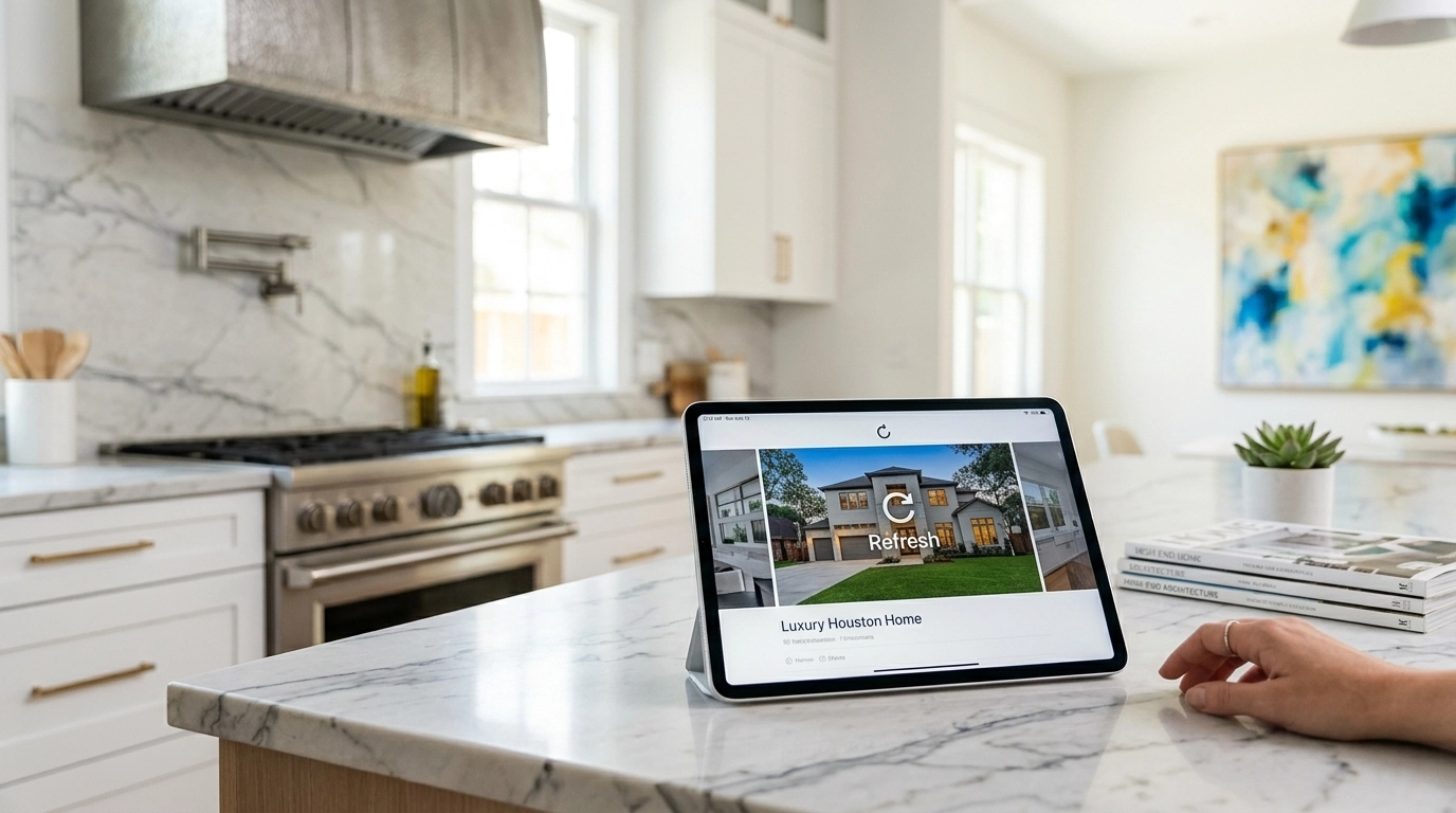 A professional real estate marketing dashboard on a tablet in a bright kitchen