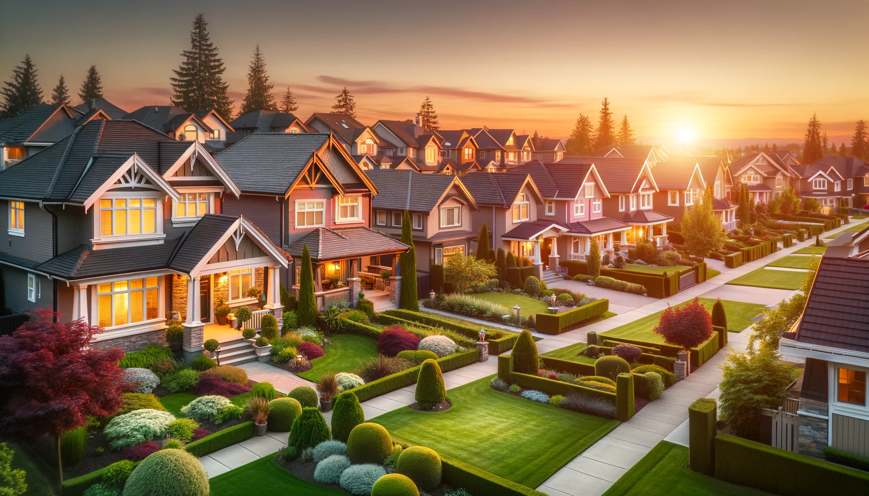 A serene suburban neighborhood at sunset with well-maintained houses and manicured lawns, epitomizing the impact of effective property staging and curb appeal in real estate.